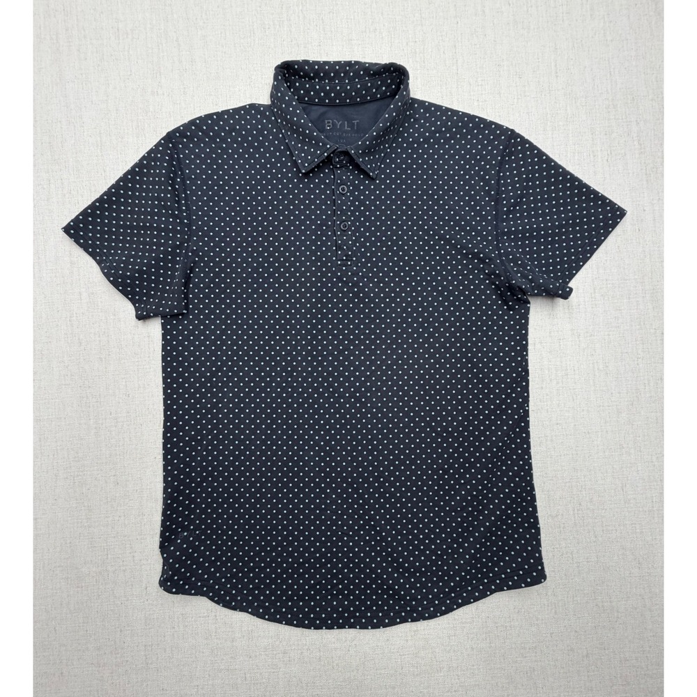 BYLT Drop Cut Polo Shirt Mens Large Black Polka Dot LUX Short Sleeve Curved Hem